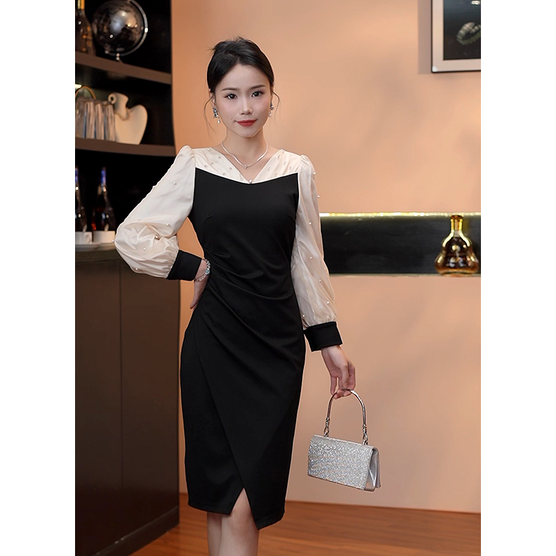 GERUIOUDIAN/格芮欧典9979法式长袖气质珍珠轻奢伴娘服显瘦连衣裙