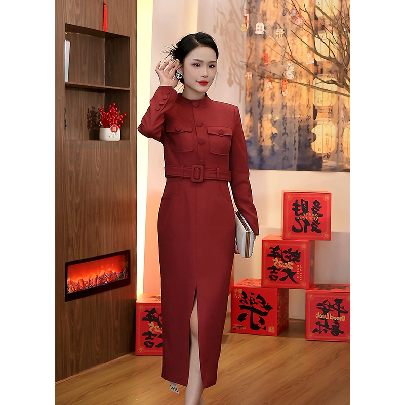 GERUIOUDIAN/格芮欧典3106冬季新款连衣裙御姐风腰带气质加厚长裙