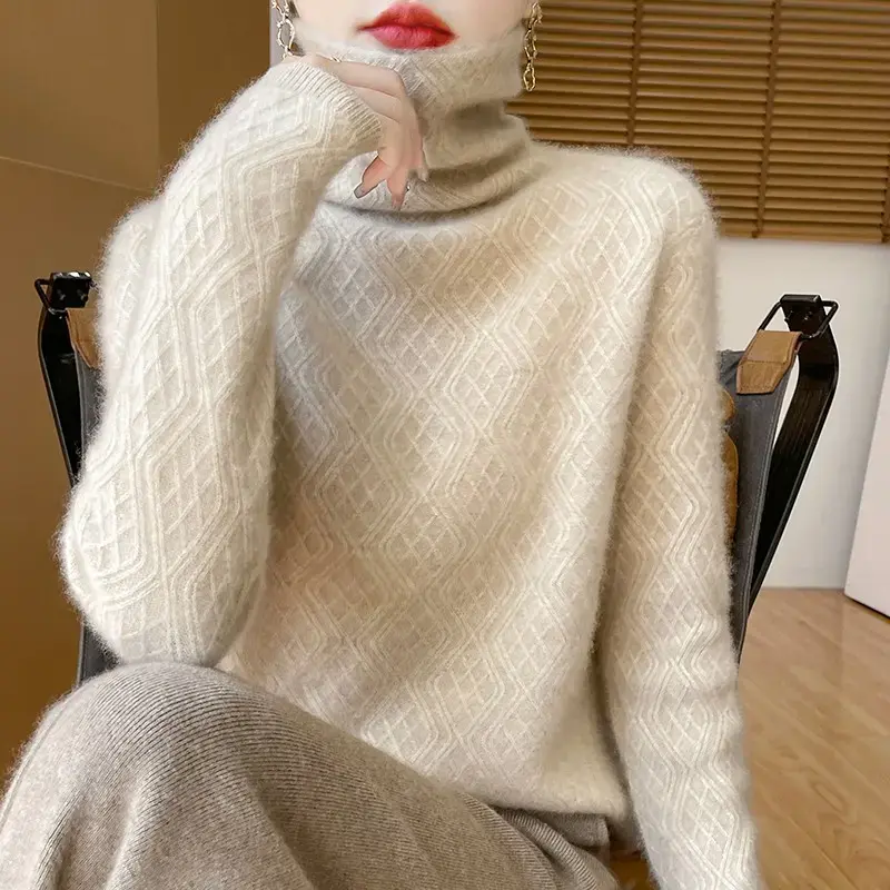 （老板娘推荐）新款100%纯羊毛衫堆堆领菱形纹华夫格宽松气质打底衫