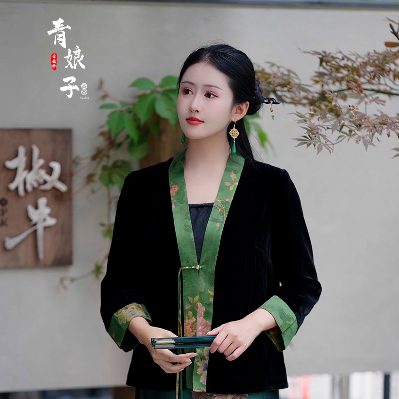 青娘子（织鸢）香云纱拼丝绒休闲国风汉服唐装春秋开衫短外套-50995
