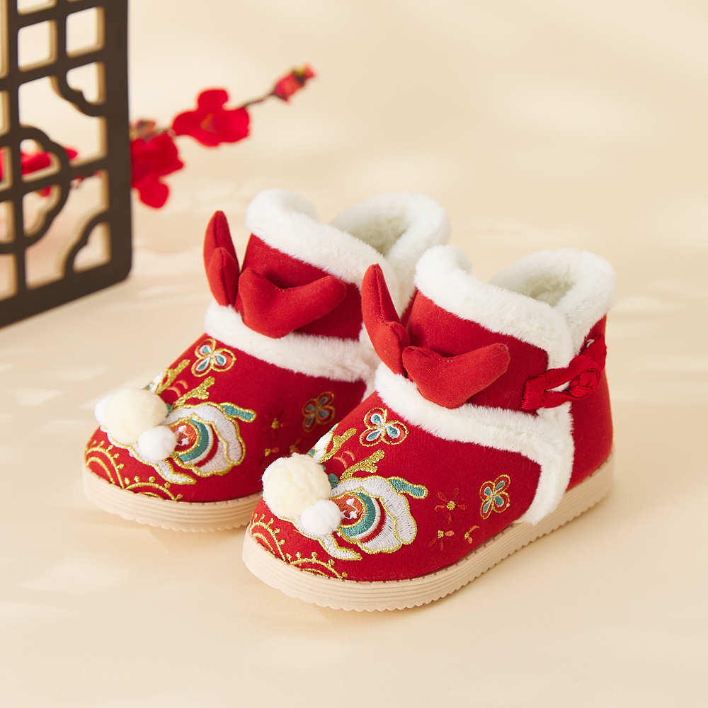 古月家.棉靴 女童汉服鞋冬季儿童古风绣花鞋加绒加厚古装保暖棉鞋
