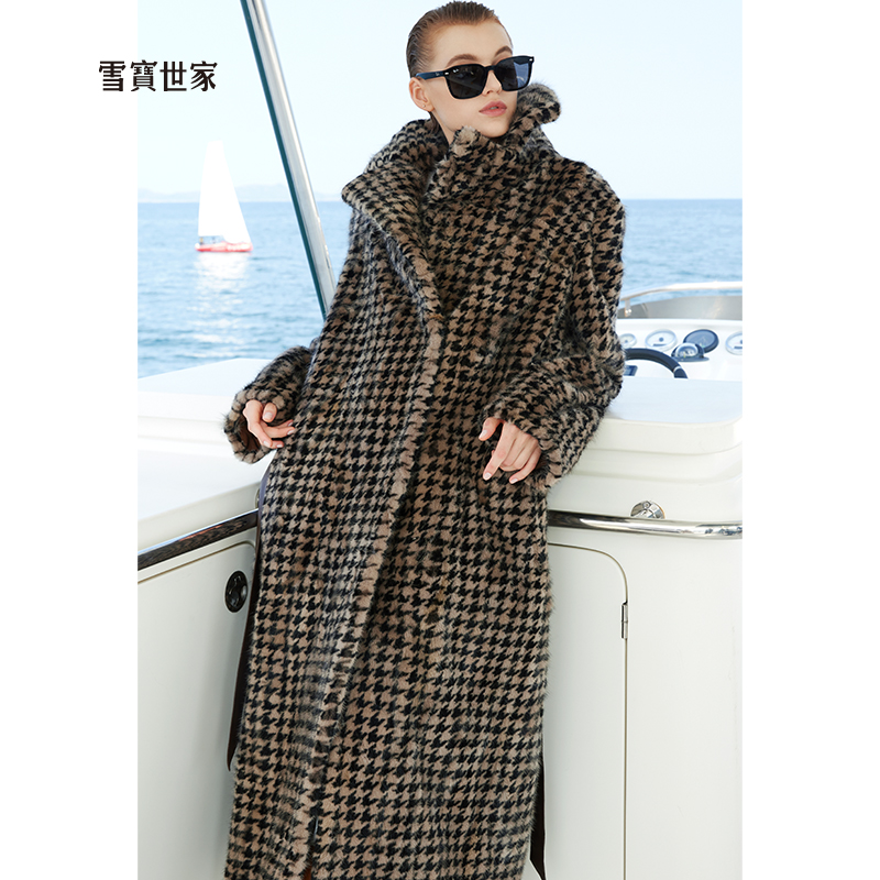 雪宝世家千鸟格水貂外套女时尚貂皮大衣格子中长国际水貂皮草女
