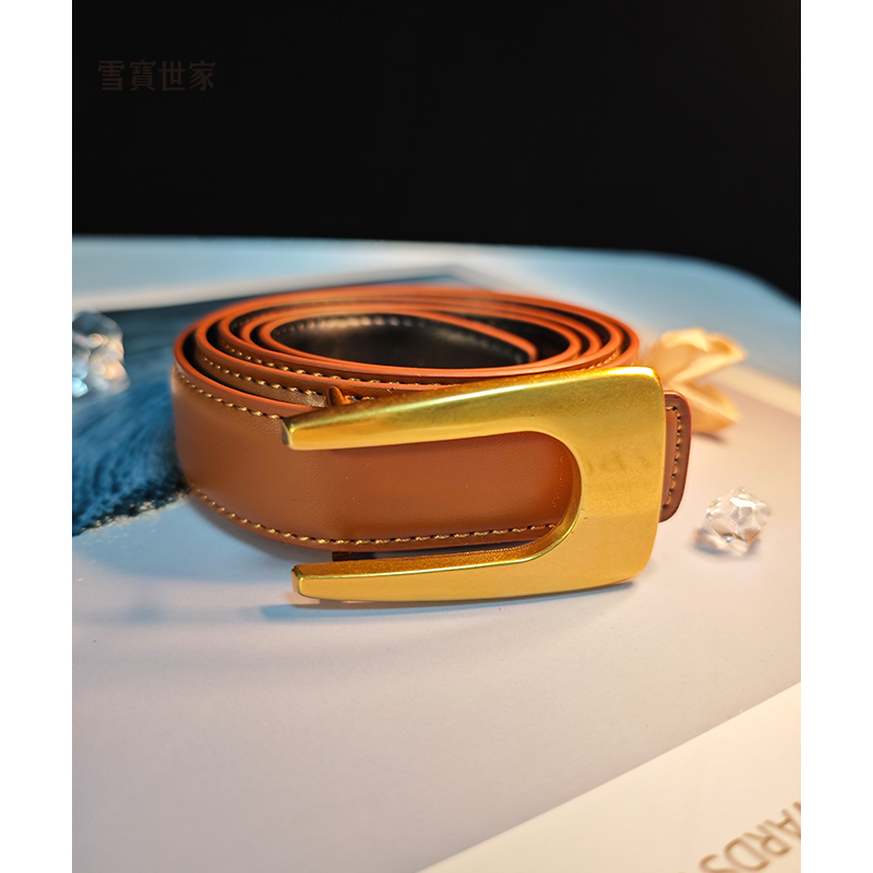 雪宝世家原创韩版小羊皮腰带轻奢双面时尚爱马橙棕色带扣高档百搭
