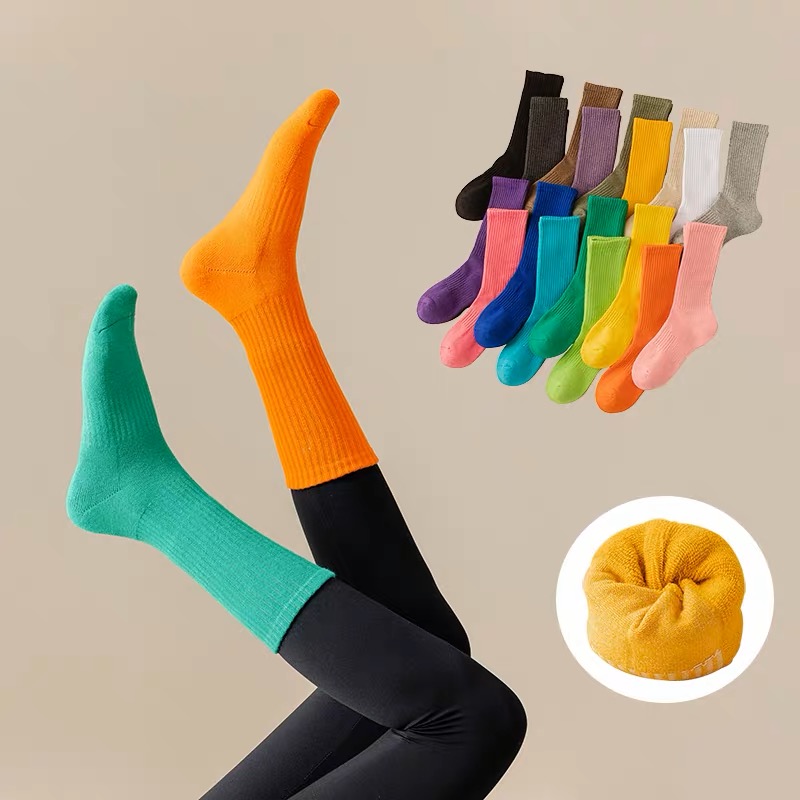 糖果色袜子毛巾袜男女中筒袜秋冬加厚长筒袜男袜防臭纯色长袜子