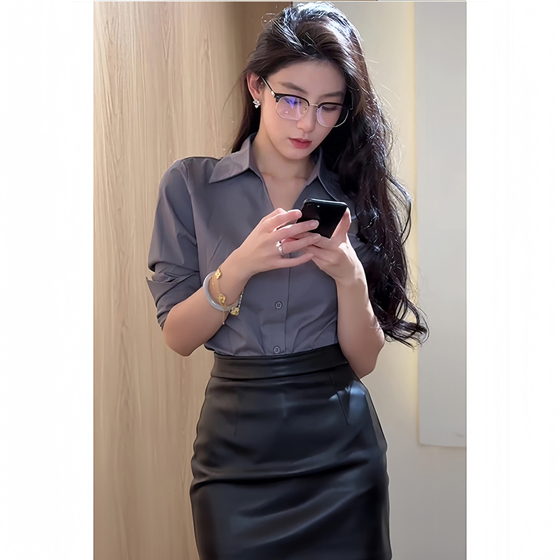 法式纯欲风POLO领长袖衬衫女春季2025新款修身显瘦百搭设计感上衣