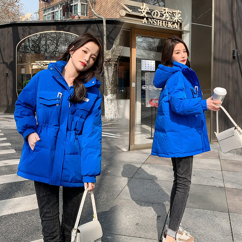 克莱因蓝棉服女2025新款韩版冬季收腰显瘦宽松连帽棉服