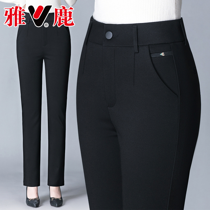 V/雅鹿正品直筒休闲西裤女高腰修身妈妈显瘦秋季通勤黑色职业长裤