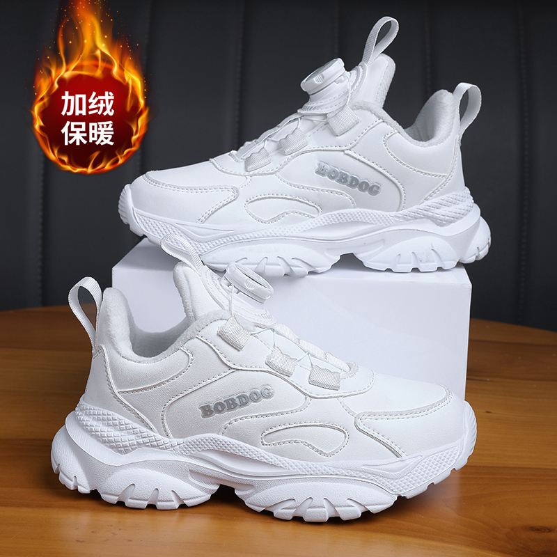 巴布豆儿童小白鞋冬季加绒保暖男童跑步小黑鞋4-6-12岁女童防水鞋