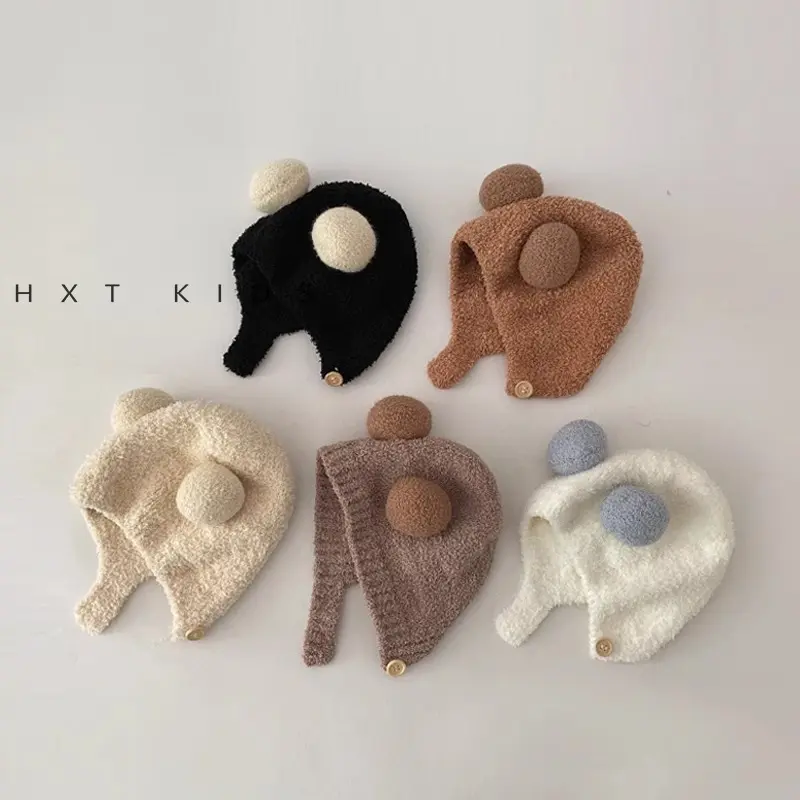 ins韩国洋气婴儿护耳帽秋冬季毛绒保暖小月龄宝宝撞色双球帽子冬