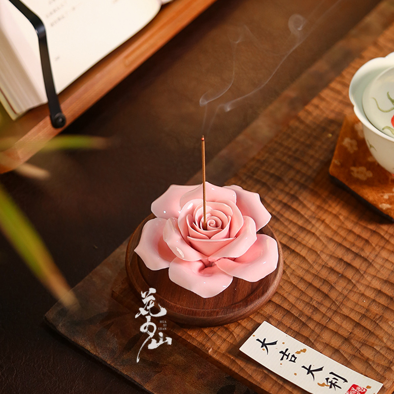 陶瓷手工捏花玫瑰花线香插摆件香托香插创意盖置女性茶具茶道配件