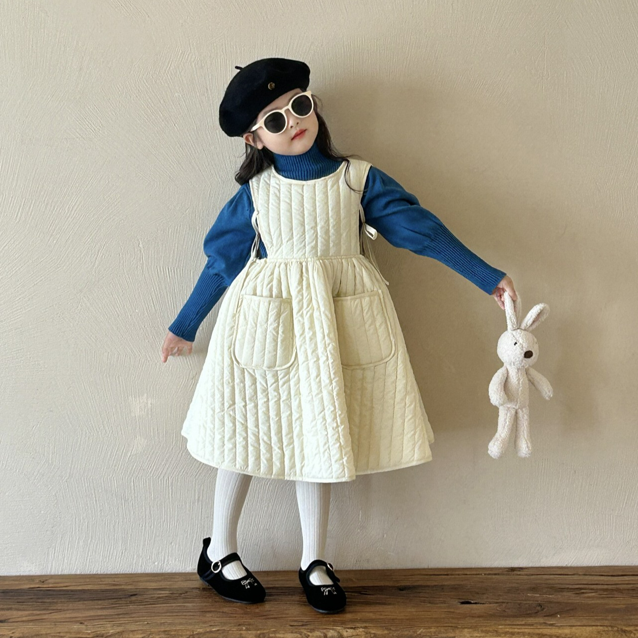 儿童加厚夹棉无袖连衣裙纯色背心裙秋冬款韩版女童毛衣马甲裙套装