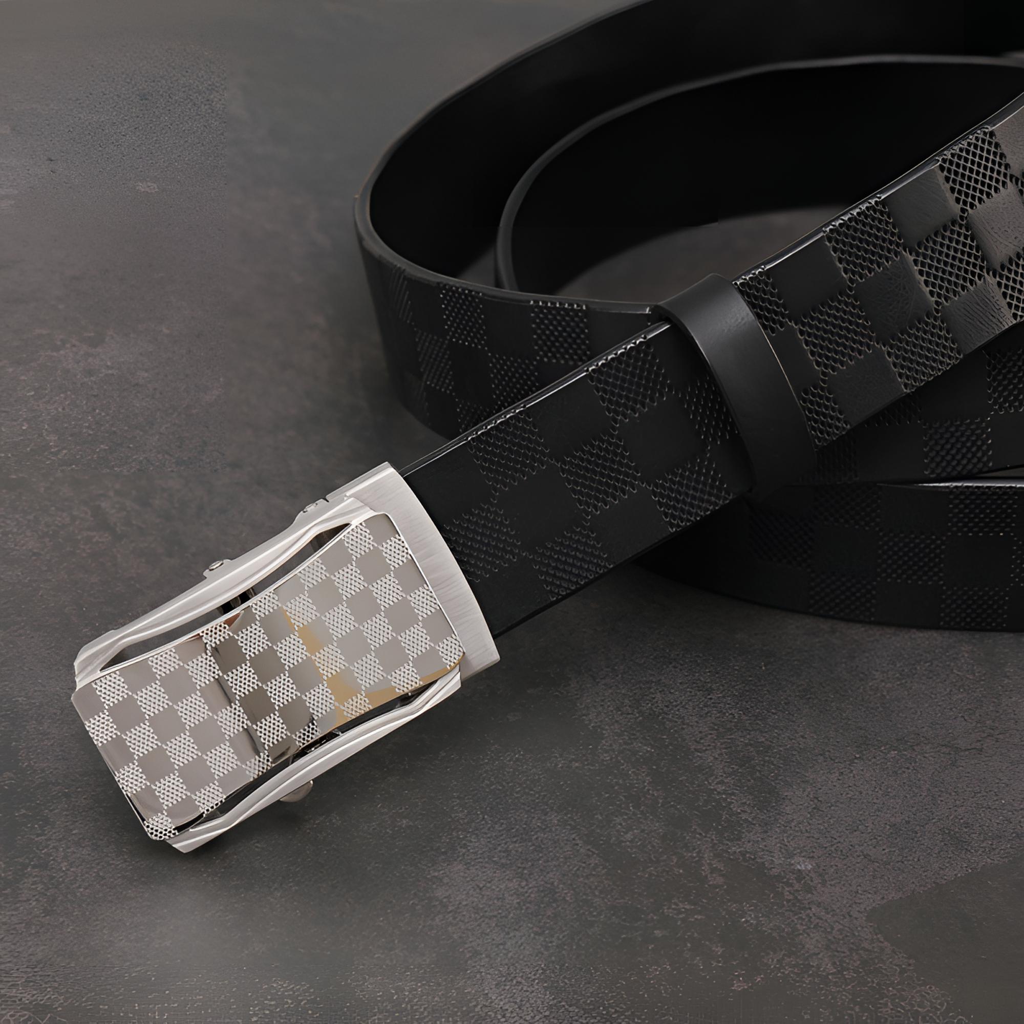 男士皮带（钢制-无牙自动扣）裤腰带经典格纹真皮时尚百搭带扣格子