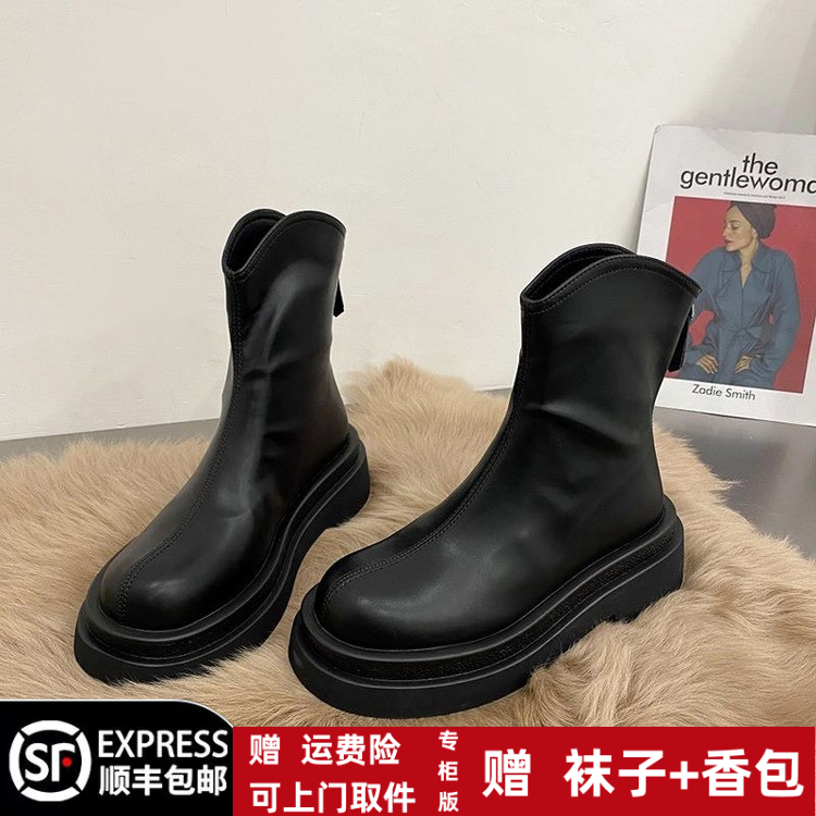 春季回力休闲短筒靴女2024年新款小个子厚底复古秋网红黑色瘦瘦靴