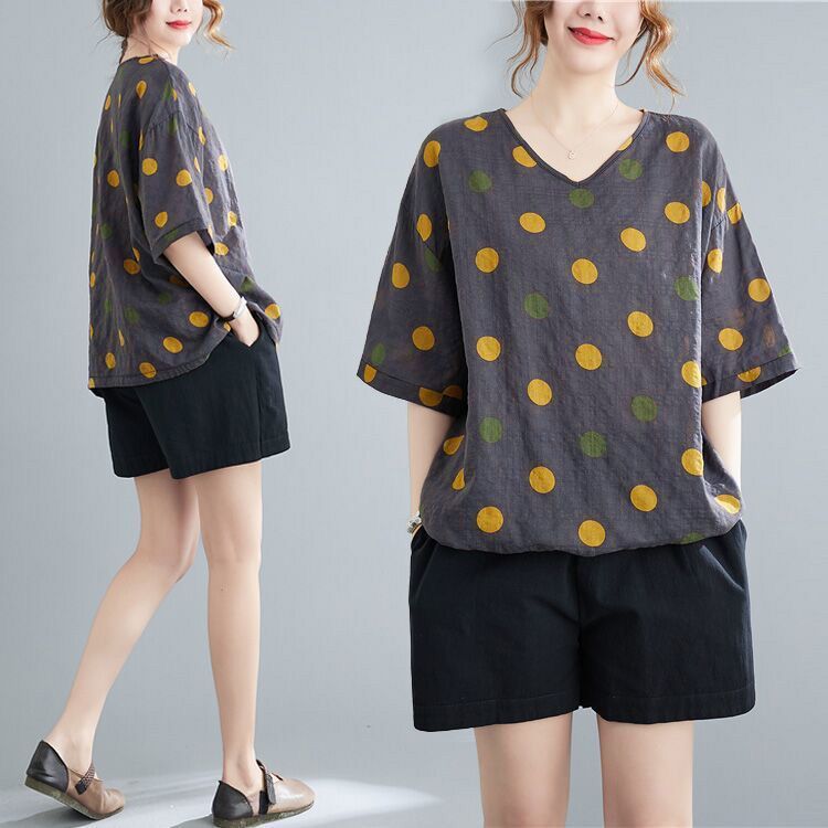 加肥加大码泡泡棉麻短袖上衣妈妈女夏装薄款宽松遮肚波点印花T恤
