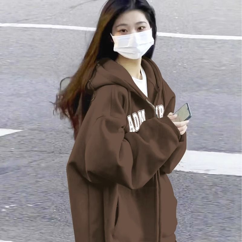 美式复古咖色拉链开衫外套卫衣女春秋新款爆款慵懒风加厚连帽上衣