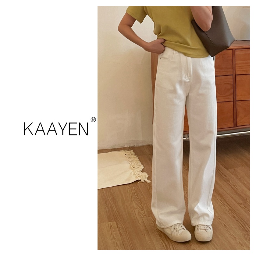 KAAYEN小个子韩系秋款简约显瘦百搭休闲白色高腰洗水牛仔裤9115