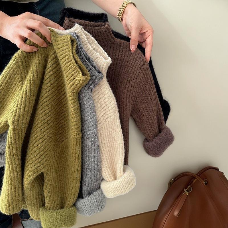 韩国儿童毛衣2025冬款男童半高领纯色加绒打底女童洋气套头针织衫