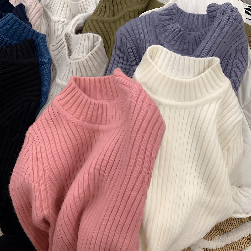 韩系儿童毛衣秋冬纯色半高领坑条打底衫男女童洋气套头女童秋装