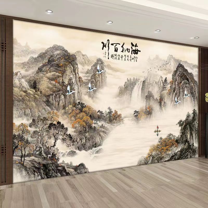 【海内百川】中式卧室水墨山水画电视沙发背景墙定制壁画立体客厅