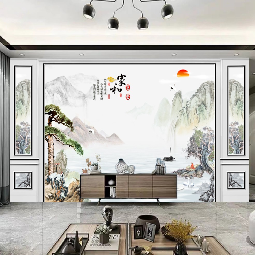 【意境山水画】现代客厅简约家和水墨画电视沙发背景墙定制壁画布料