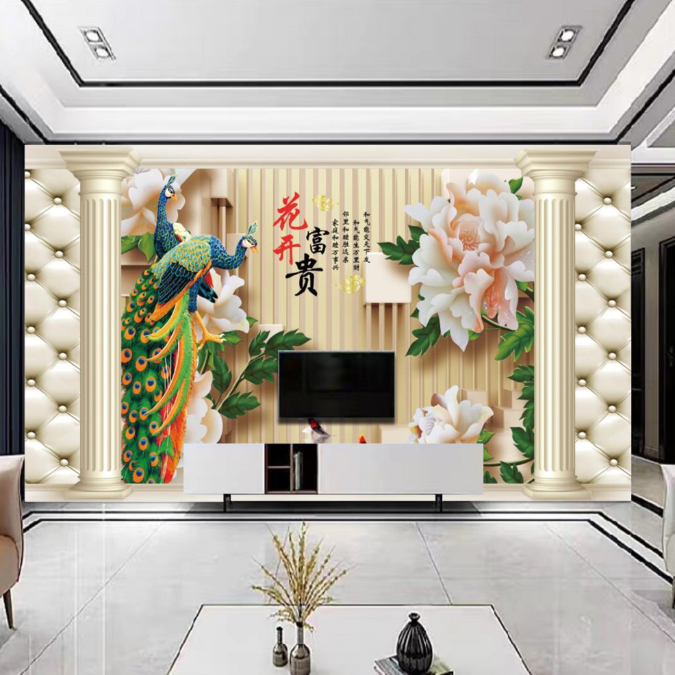 【孔雀富贵吉祥】中式客厅卧室家和罗马柱电视沙发背景墙定制壁画