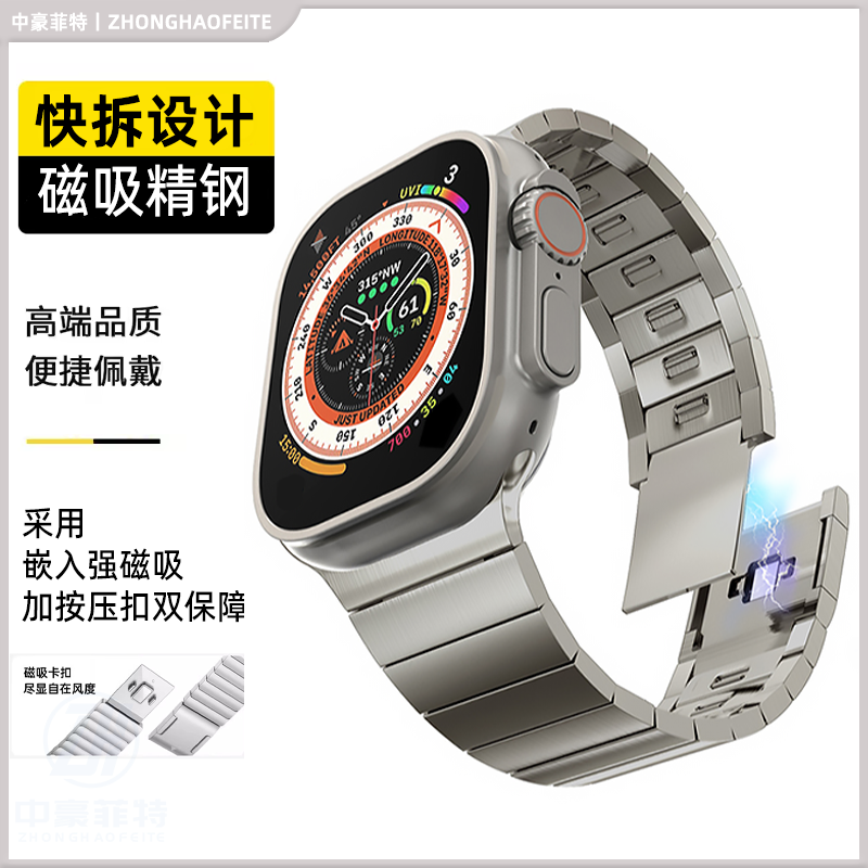 适用apple watch ultra表带苹果手表49mm表带不锈钢快拆钛色金属