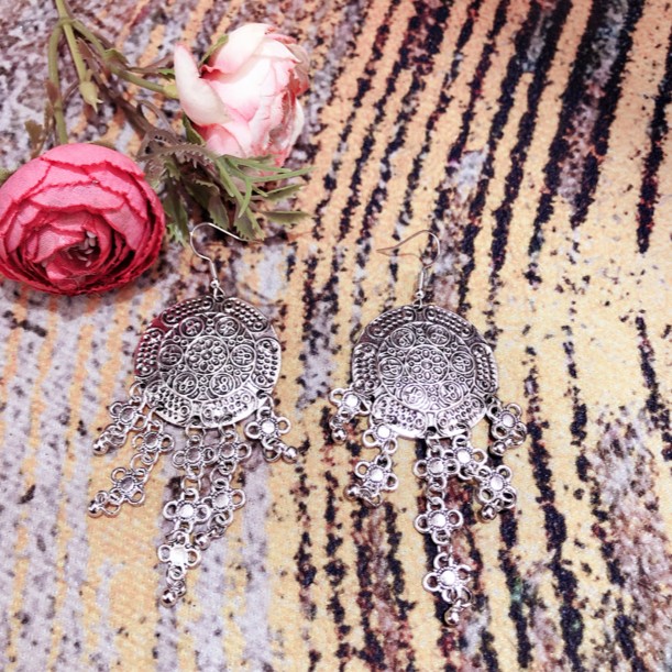 钛钢耳饰 【秀女推荐】复古流苏银色时尚女耳环长款手工气质简约款