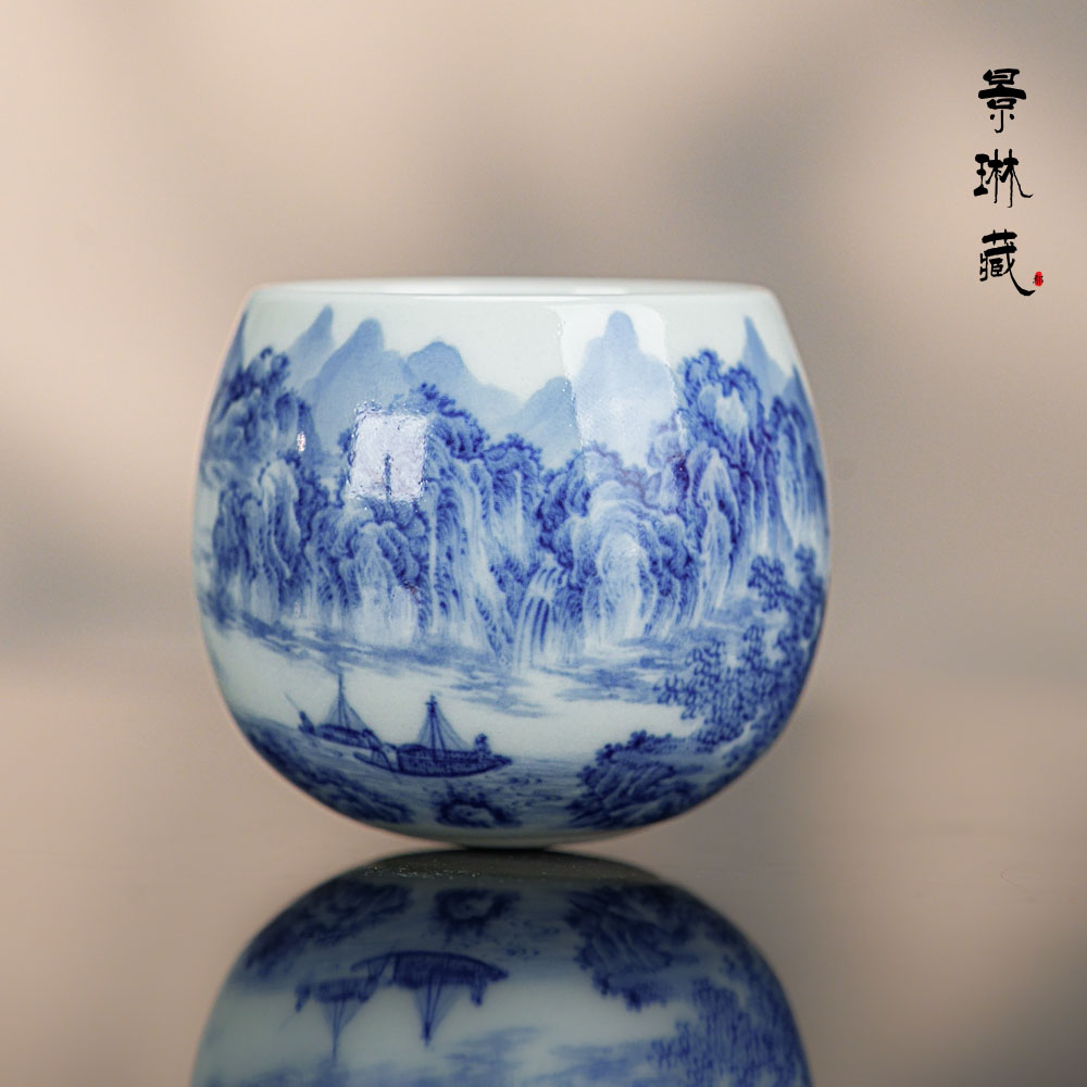 景琳藏风雨归村图不倒杯80ml  景德镇釉下彩 全手工青花手绘茶具