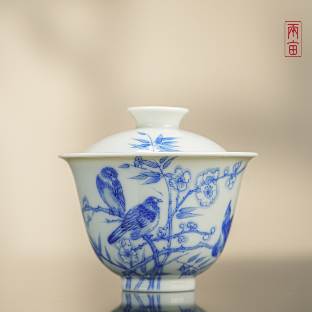 两亩陶瓷花鸟二才盖碗     景德镇釉下彩 全手工青花手绘中式茶具