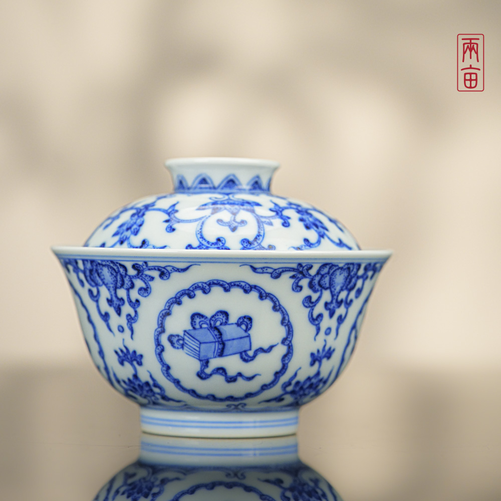 两亩珍藏琴棋书画二才盖碗     景德镇釉下彩 全手工青花手绘茶具