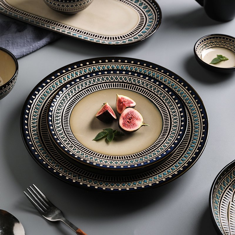舍里复古摩洛哥餐具窑变釉浮雕陶瓷餐具饭碗碗盛菜盘子米饭蛋壳碗
