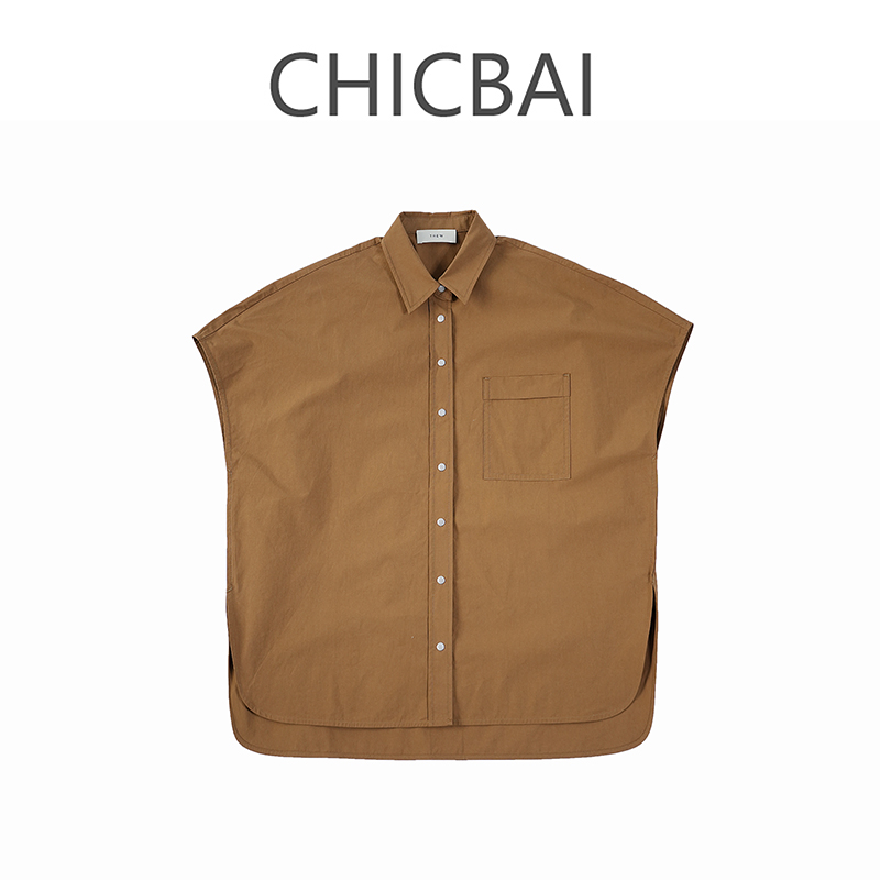 CHIC白 气质棕色廓形宽松短袖衬衫衬衣