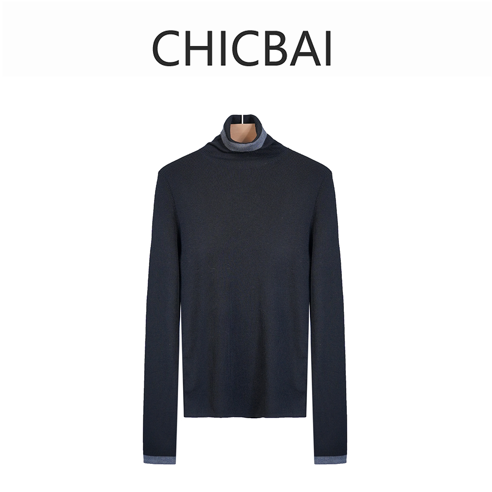 CHIC白 简约拼色扬子纱羊毛高领衫打底衫