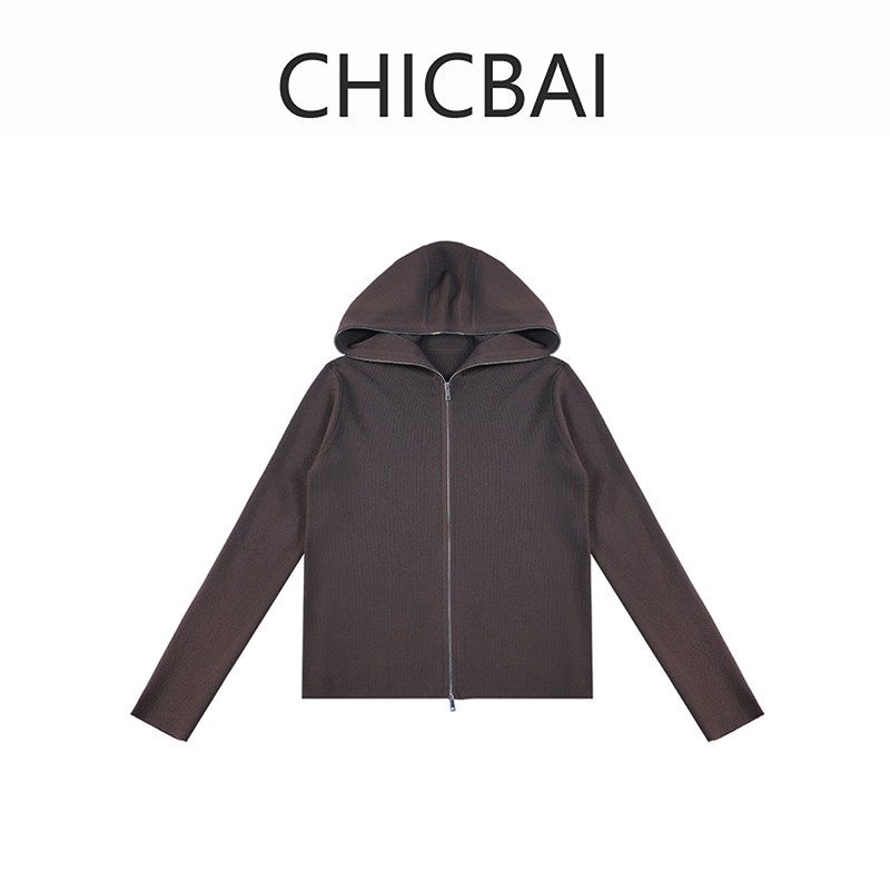 CHIC白 时髦连帽美丽诺羊毛拉链开衫