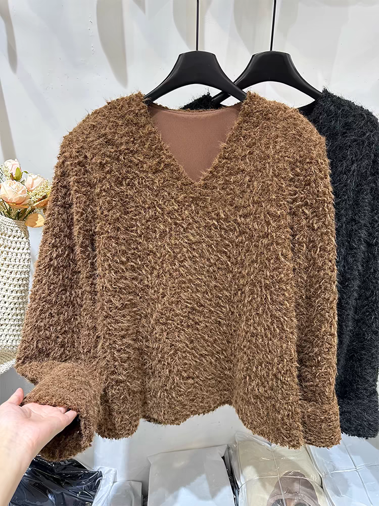 韩系女2024秋冬新款流苏大版显瘦网红中长款毛毛打底衫慵懒风上衣