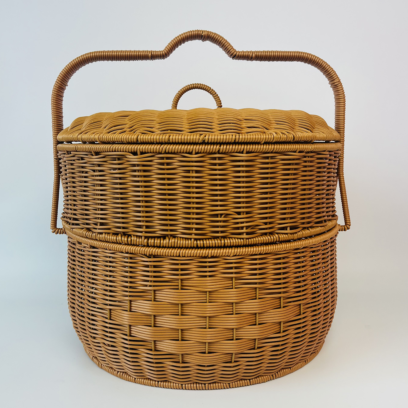 H67纯手工编织圆形收纳双层拜拜手提篮带盖双层篮子两层40*30