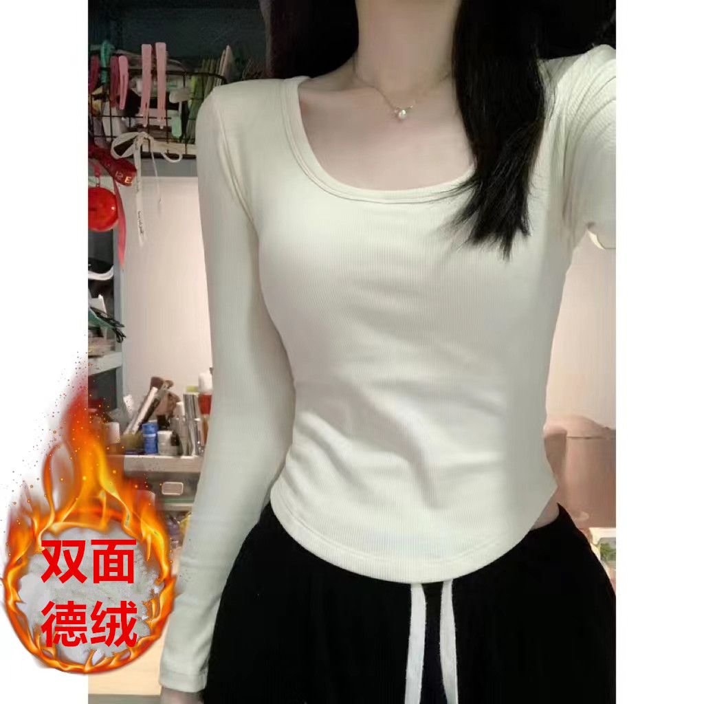 秋冬季内搭小众打底衫辣妹修身显瘦上衣设计感德绒方领长袖T恤女