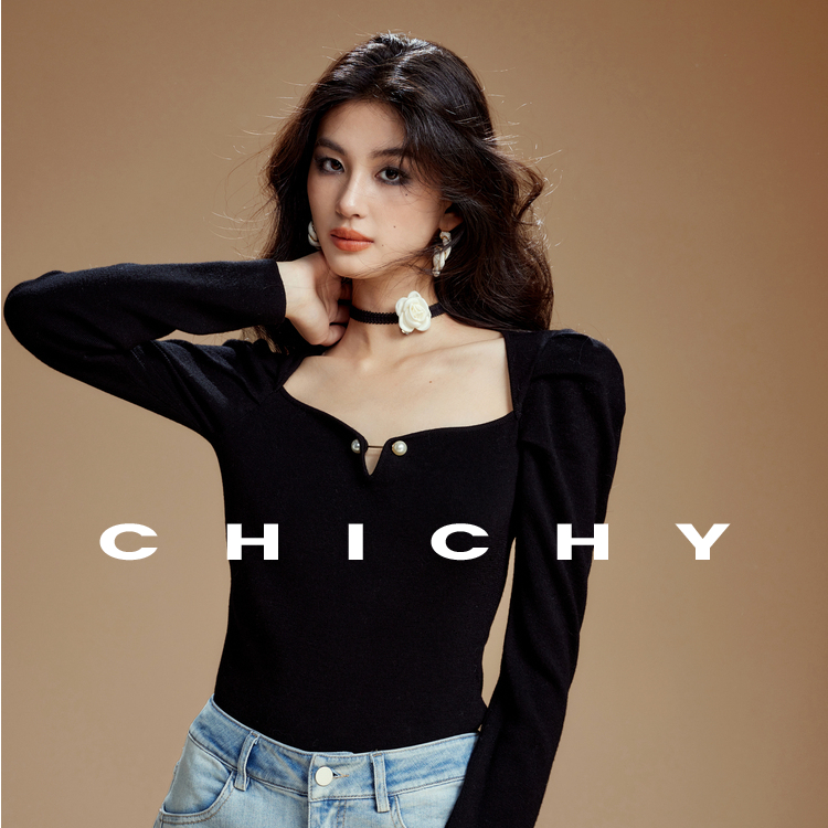 【直播专享】CHICHY名媛风高级感针织衫方领打底上衣CW0D005241