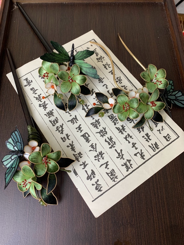 纯手工绒花发簪复古绿掐丝蜻蜓蝴蝶款新中式古风非遗绒花发簪发饰