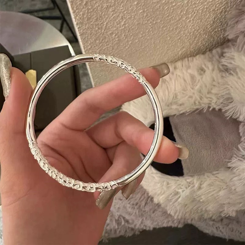 足银手镯  中国风卷草纹手镯 足银999.9亮面闭口实心百搭简约