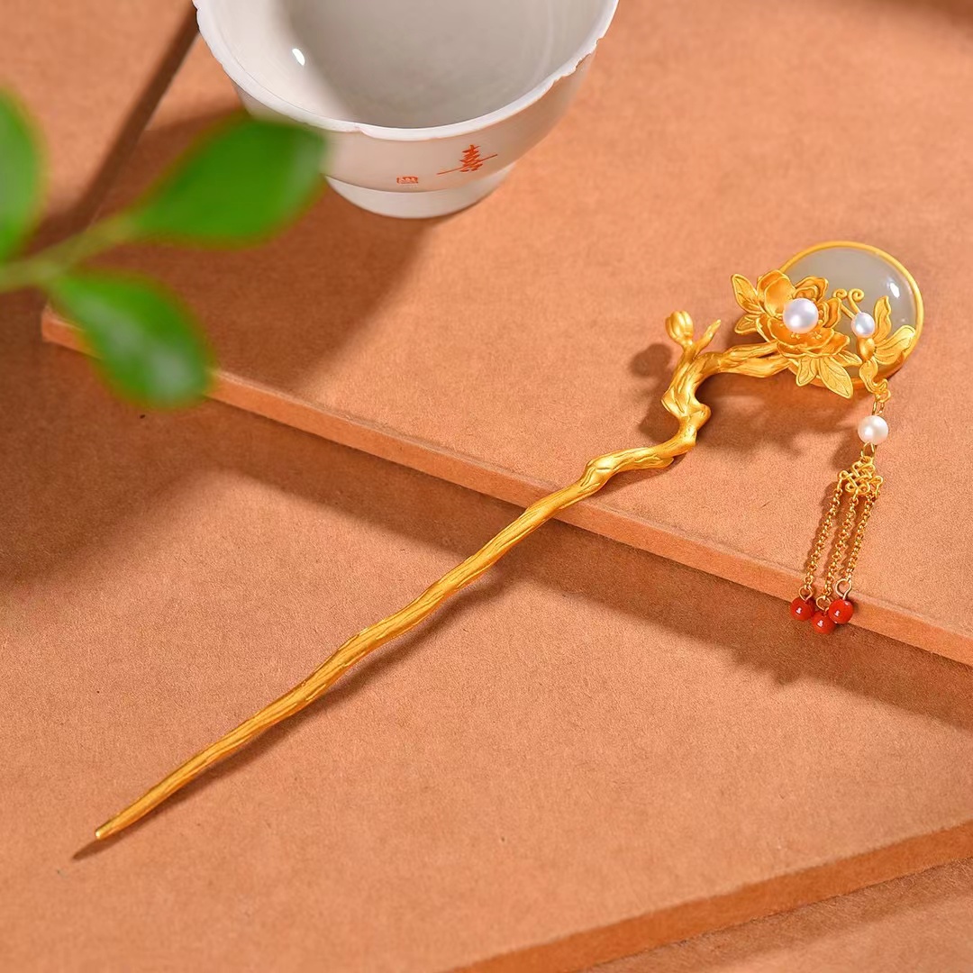  蝶恋花珐琅彩和田玉发簪步摇旗袍马面裙汉服配饰发饰发钗国潮风