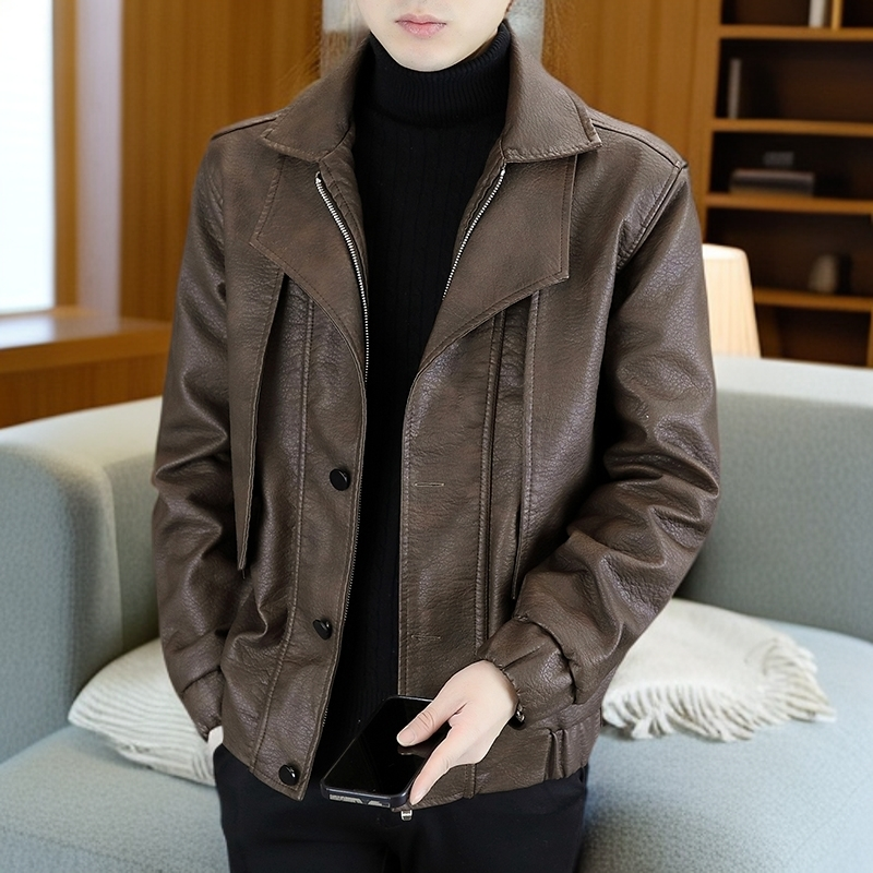 秋冬新款加绒保暖皮夹克双层领假两件男士外套时尚潮流PU皮夹克衣