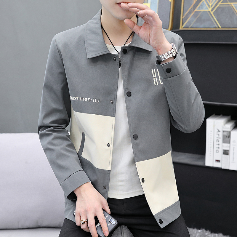 2023春秋男士新款休闲拼色翻领夹克男装潮流韩版时尚百搭帅气外套