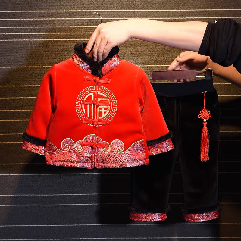 儿童唐装男童冬装汉服套装洋气宝宝中国风周岁过年拜年礼服两件套