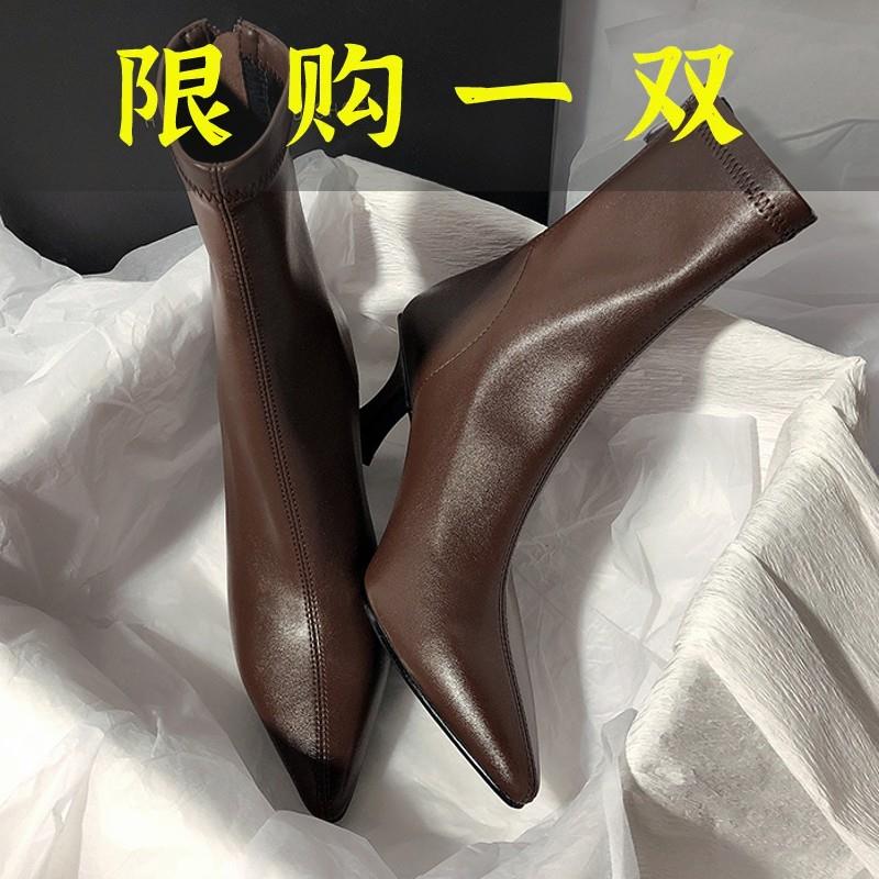 潮沿荐2023高跟瘦瘦细跟短靴洋气爆款靴子女士尖头网红