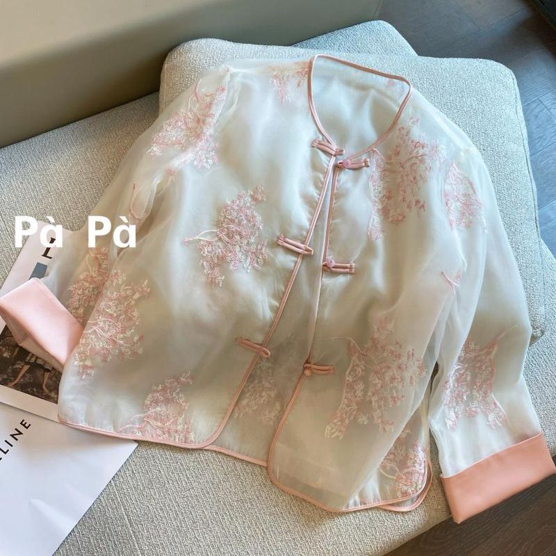 99836高级感粉色网纱刺绣盘扣2024春夏新款圆领薄款防晒衬衫外套