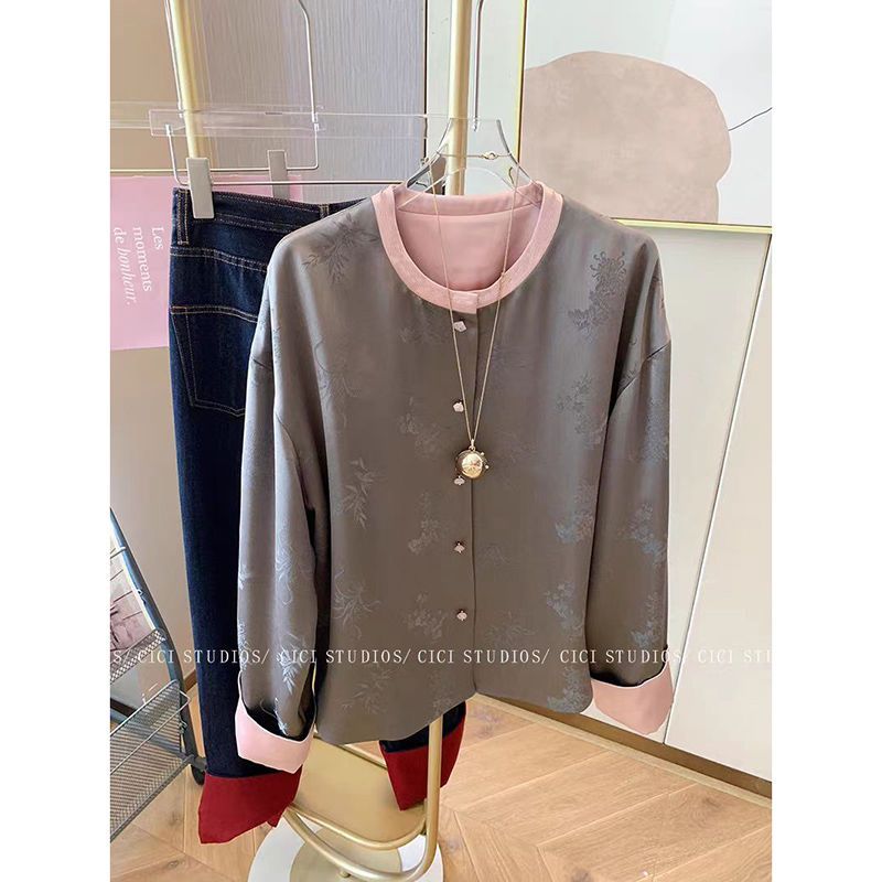 99112国风提花撞色圆领设计感外套春新款高级显瘦气质高端衬衫