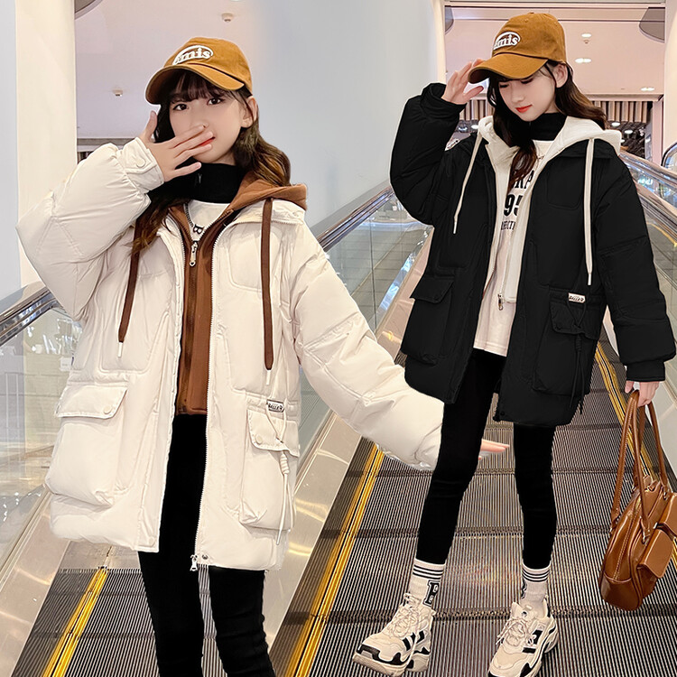 女童棉服中长款2023新款冬装黑色外套儿童棉衣女孩中大童加厚棉袄