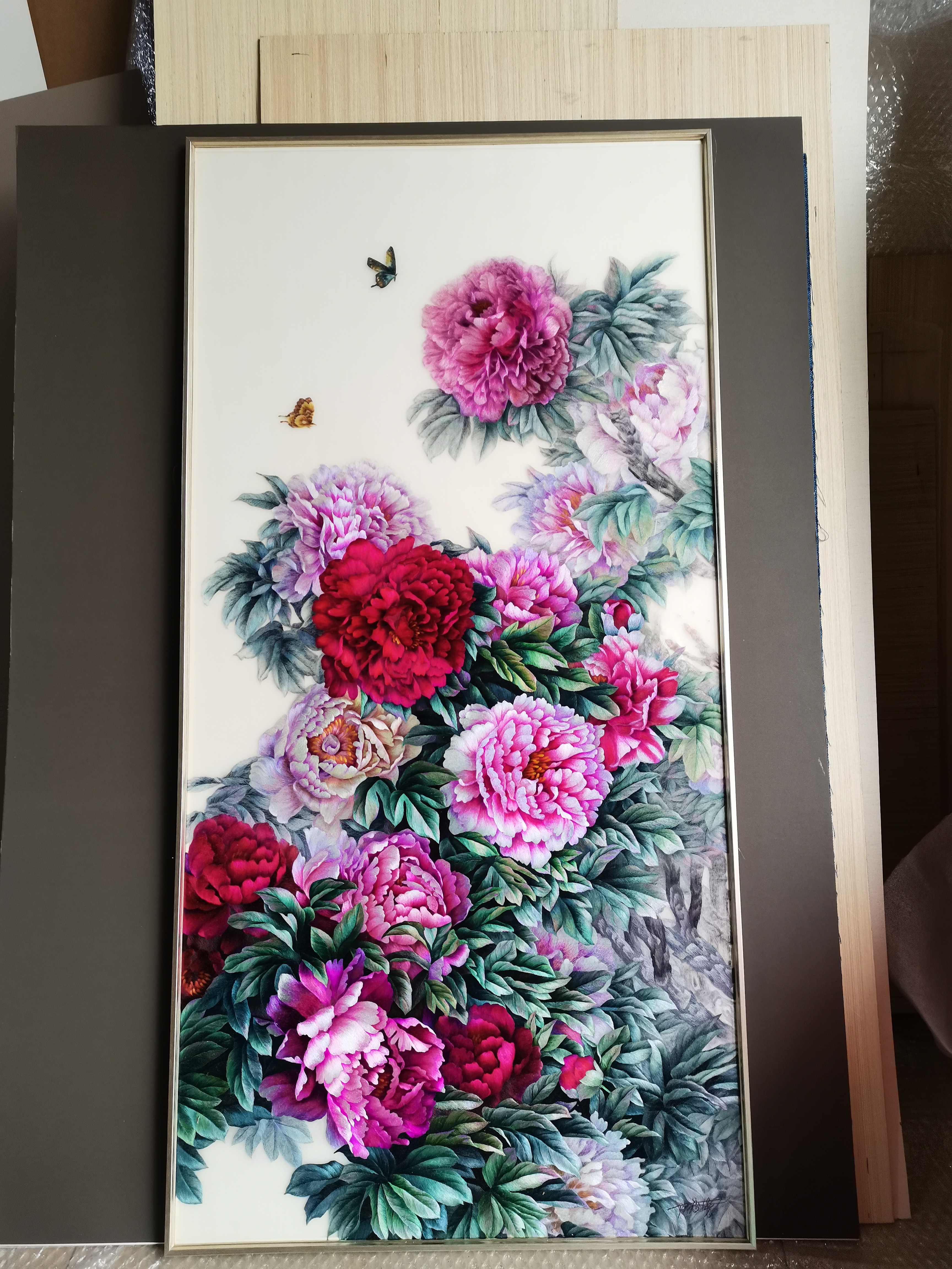 纯手工精品苏绣牡丹花装饰挂画
