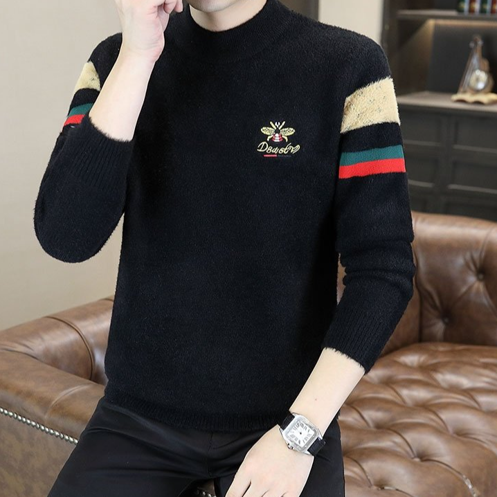 墨绣山【原版高品质】蜜蜂潮牌帅气秋冬季仿貂绒保暖男士毛衣针织衫